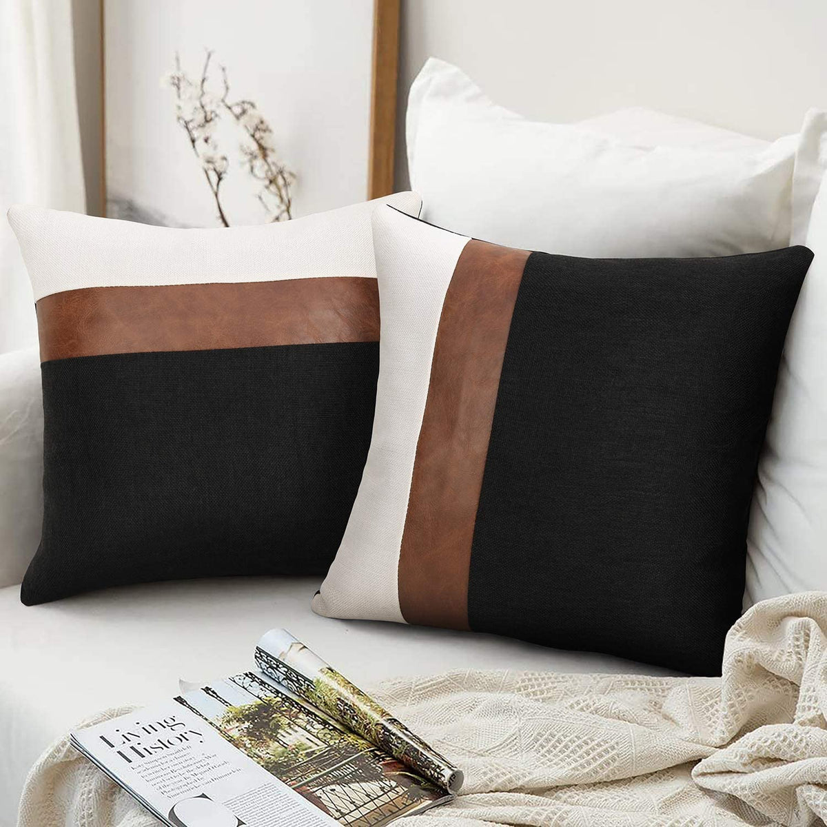 Long Lumbar Throw Pillow- Black Linen and Faux Leather – Coterie