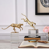 Golden Jaguar Decor with Transparent Crystal Base Set of 2