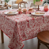 Red Toile Tablecloth – Butterfly Print, Pom Pom Trim