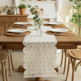 Boho Daisy Lace Table Runner Ivory Crochet Floral Table Decor with Tassels