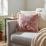 Red Toile Fringe Pillow Cover Tropical Animals Chinoiserie Cushion