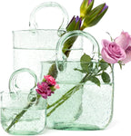Hand Blown Glass Vase with Unique Design, Clear Glass Vase with Handles in Purse Shape for Decor, Good for Floral Arrangement, Centerpiece & Home Decor_Short