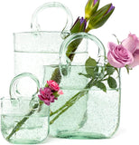 Hand Blown Glass Vase with Unique Design, Clear Glass Vase with Handles in Purse Shape for Decor, Good for Floral Arrangement, Centerpiece & Home Decor_Short