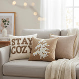 3 Neutral Holiday Pillow Cover Set: "Stay Cozy" Chenille & Evergreen Tree 
