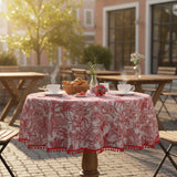 Red Toile Cotton Tablecloth – Pom Pom Trim, French Country Dining