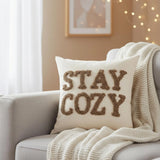 3 Neutral Holiday Pillow Cover Set: "Stay Cozy" Chenille & Evergreen Tree 