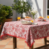 Red Toile Cotton Tablecloth – Pom Pom Trim, French Country Dining