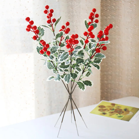 5pcs Christmas Red Berry Holly Leaves