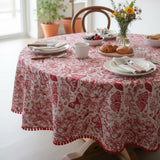 Red Toile Tablecloth – Butterfly Print, Pom Pom Trim
