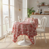 Red Toile Cotton Tablecloth – Pom Pom Trim, French Country Dining