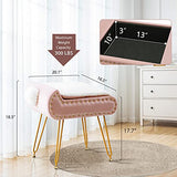 Modern Storage Faux Fur Square Vanity Stool, Makeup Dressing Stool Chair with Metal Legs, Velvet Cushioned Seat Foot Stool, Padded Bench, Storage Ottoman Footrest Stool with Cute Tail for Bedroom Pink