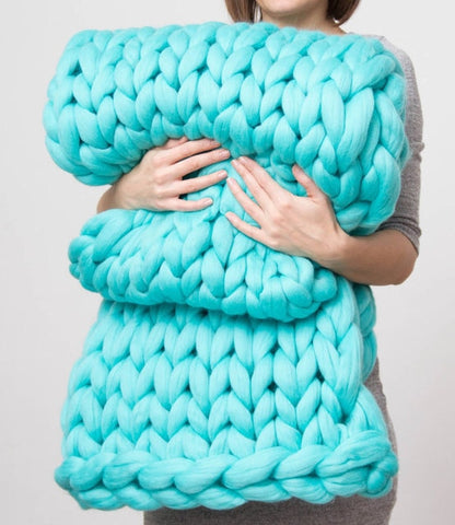 Turquoise Chunky Wool Knitted Blanket
