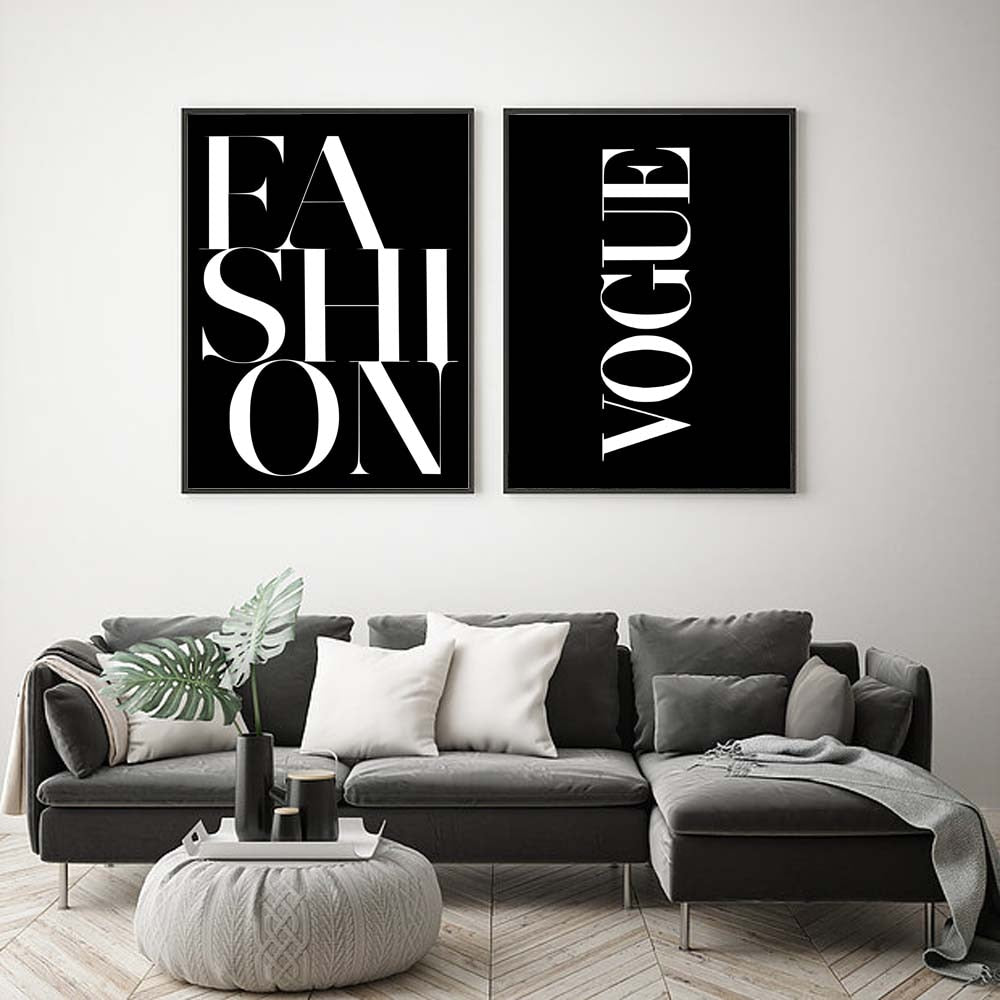 Set of 4 fashion inspired posters watercolor Black and white, with